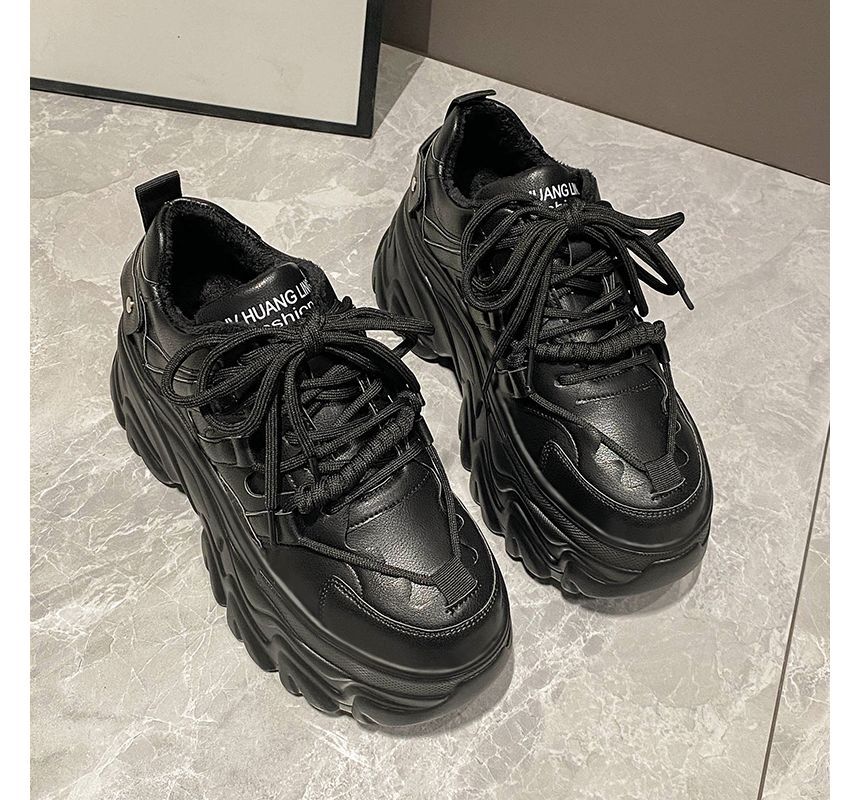 Platform Leather Plain Sneakers Print Lettering Faux Fleece-Lined
