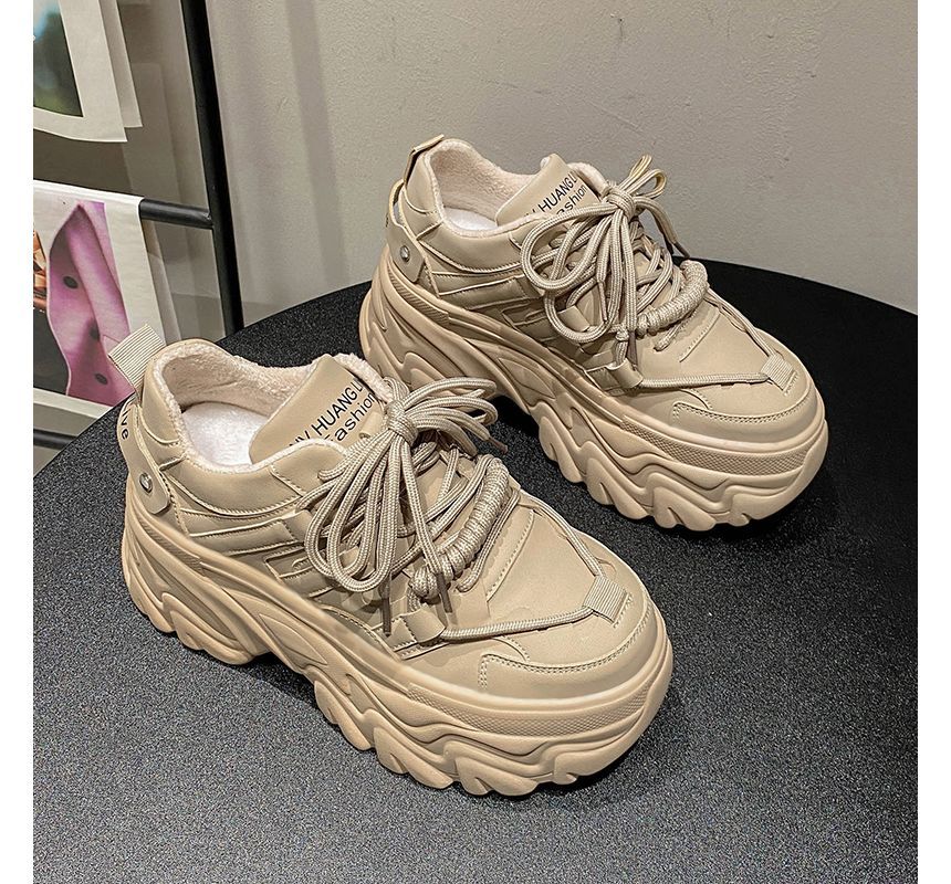 Platform Leather Plain Sneakers Print Lettering Faux Fleece-Lined