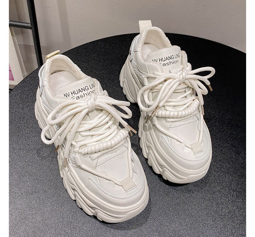 Platform Leather Plain Sneakers Print Lettering Faux Fleece-Lined