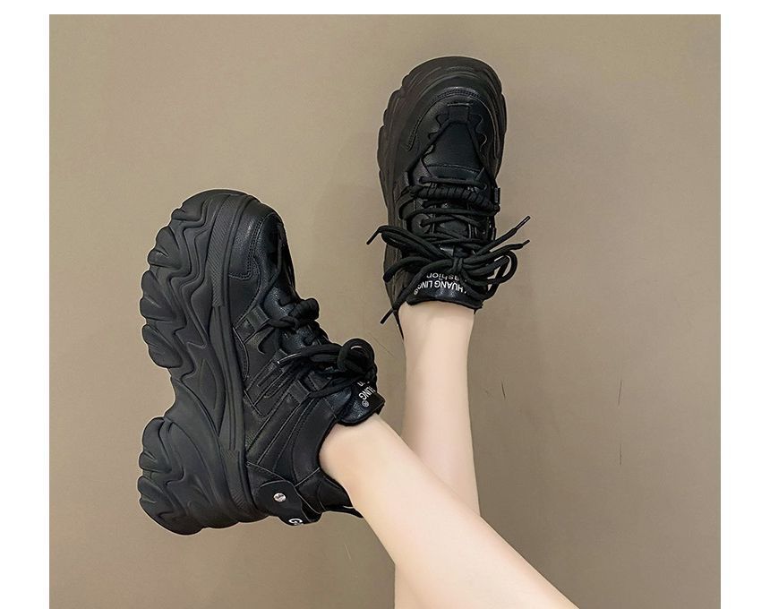 Platform Leather Plain Sneakers Print Lettering Faux Fleece-Lined