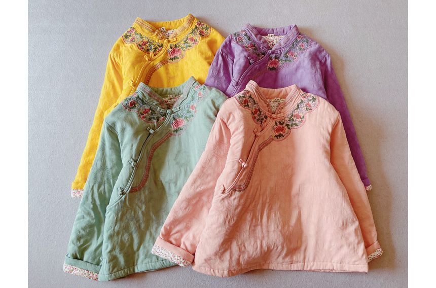 Mandarin Collar Floral Embroidered Frog Button Jacket