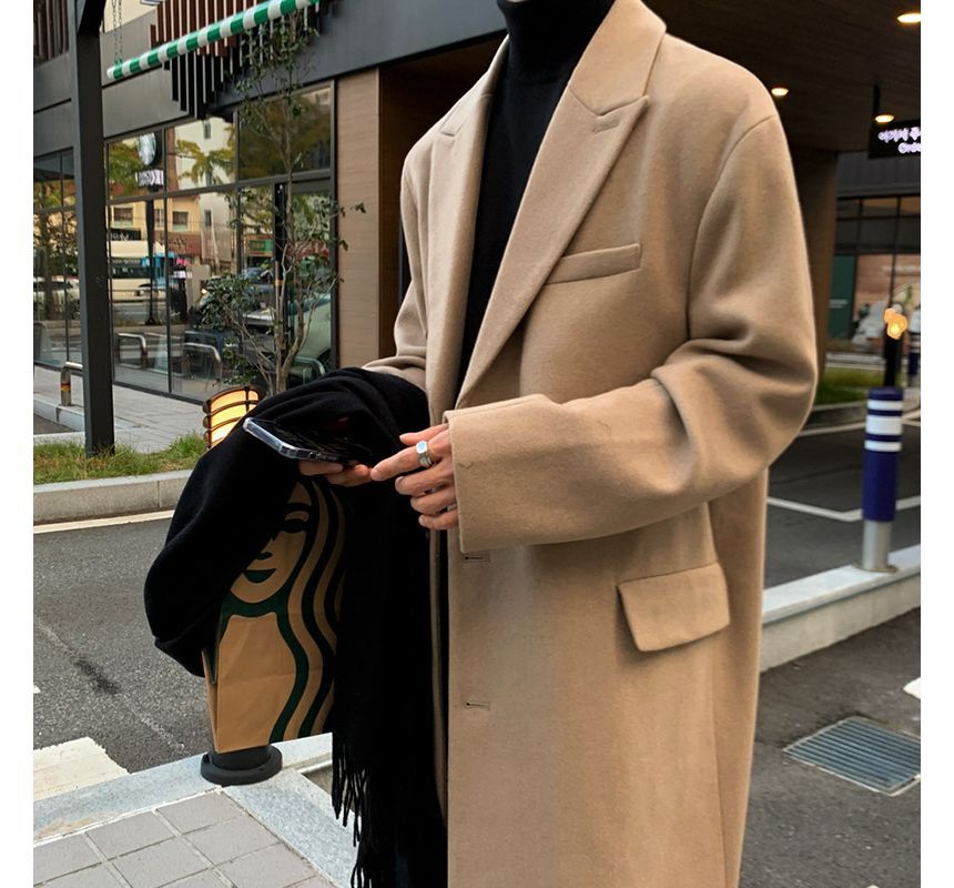 Long-Sleeve Plain Woolen Long Coat