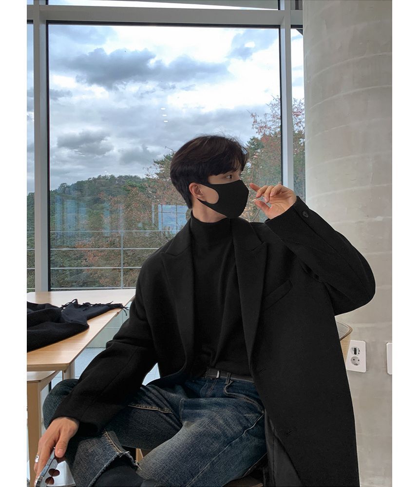 Long-Sleeve Plain Woolen Long Coat