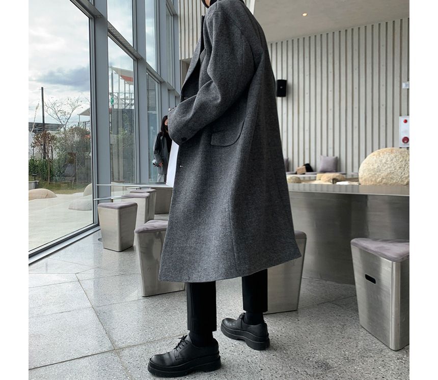 Long-Sleeve Plain Woolen Long Coat