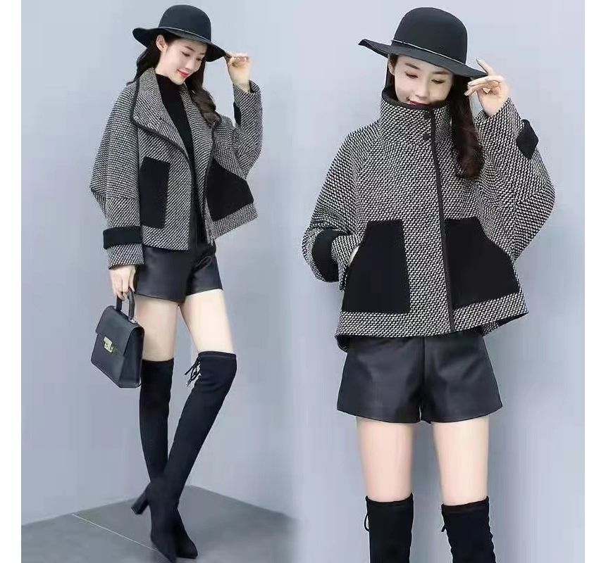 High Neck Contrast Pipping Tweed Zip-Up Jacket