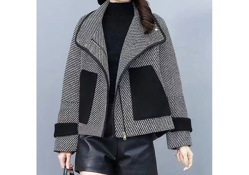 High Neck Contrast Pipping Tweed Zip-Up Jacket