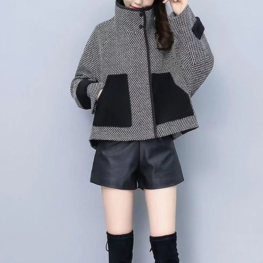 High Neck Contrast Pipping Tweed Zip-Up Jacket