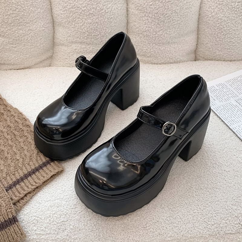Jane Leather Platform Mary Shoes Faux Block Heel