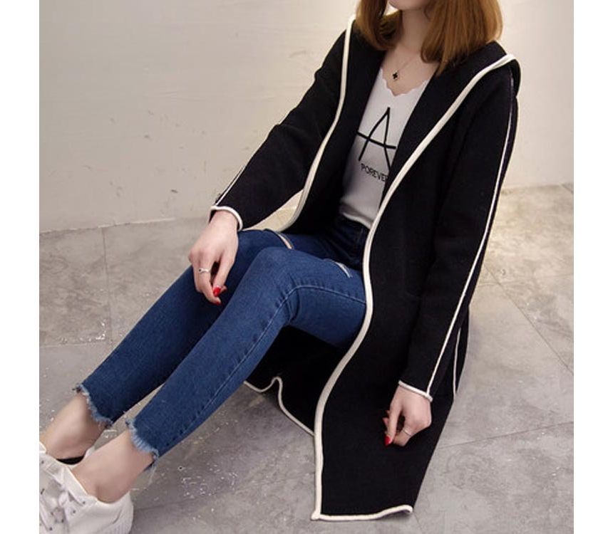 Long-Sleeve Contrast Trim Woolen Coat