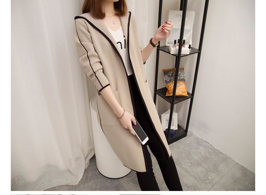 Long-Sleeve Contrast Trim Woolen Coat