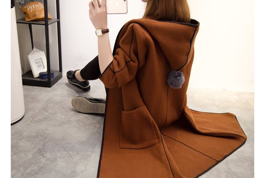 Long-Sleeve Contrast Trim Woolen Coat