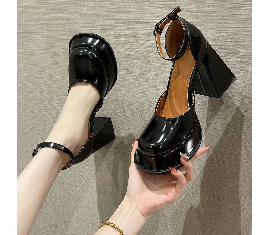 Ankle Strap Pumps Block-Heel Square-Toe