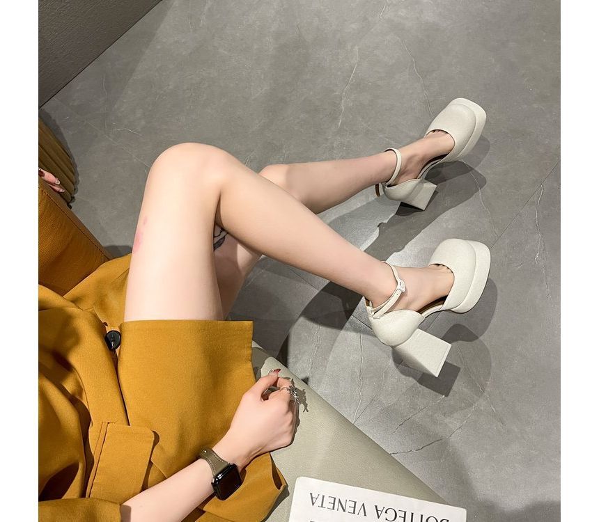 Ankle Strap Pumps Block-Heel Square-Toe