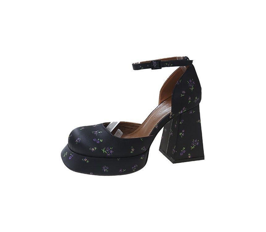 Ankle Strap Pumps Block-Heel Square-Toe