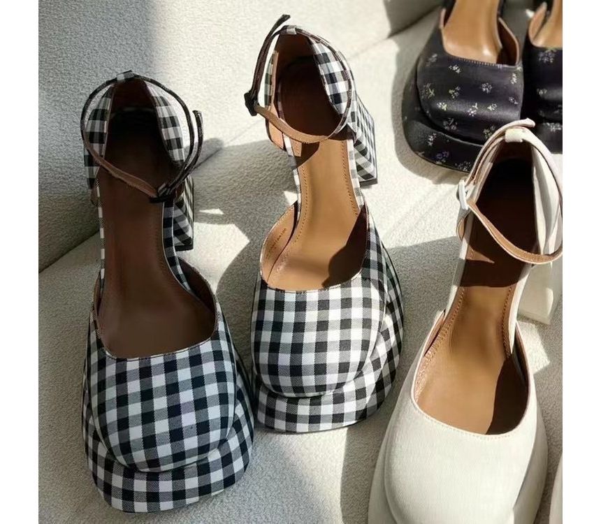 Ankle Strap Pumps Block-Heel Square-Toe