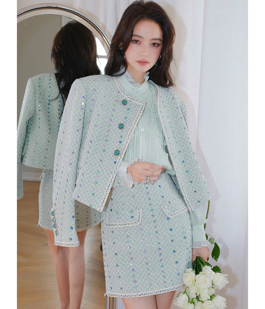 Set: Floral Tweed Button-Up Jacket + Mini Skirt