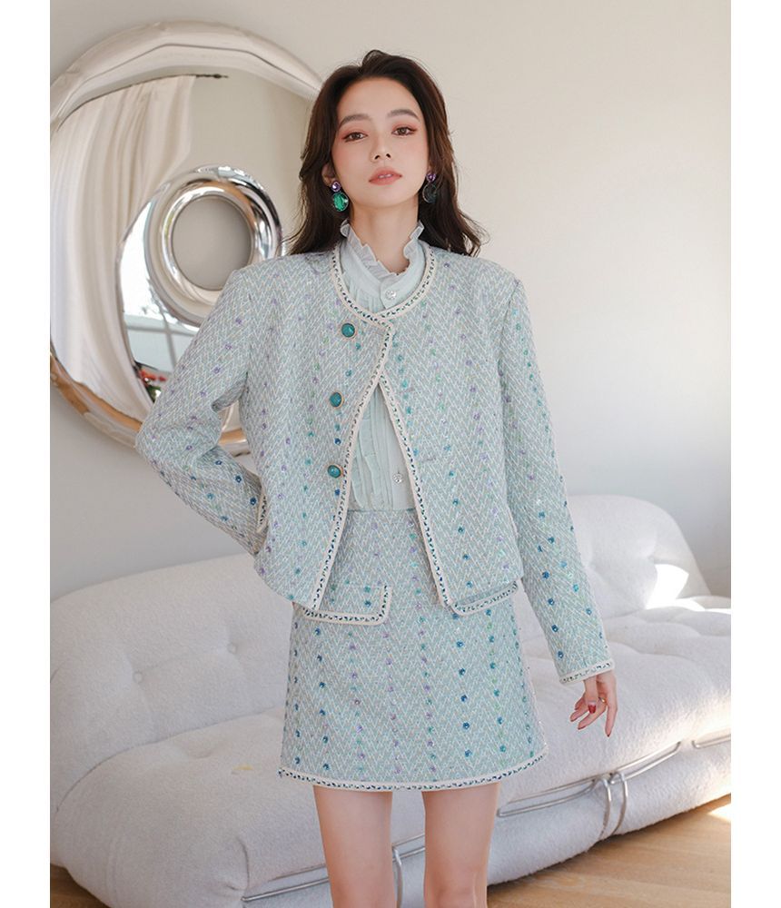 Set: Floral Tweed Button-Up Jacket + Mini Skirt