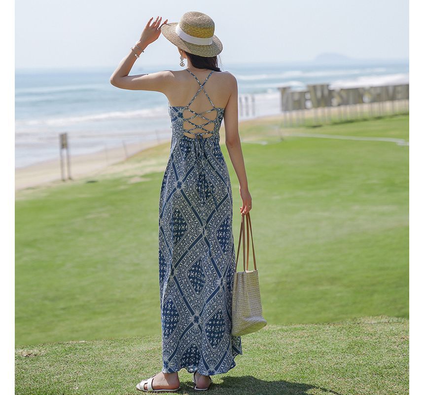 A-Line Paisley Spaghetti Dress Print Midi Strap