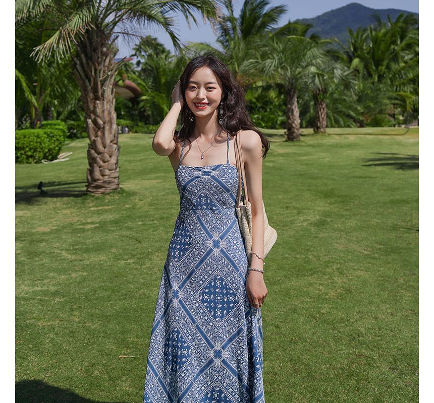 A-Line Paisley Spaghetti Dress Print Midi Strap