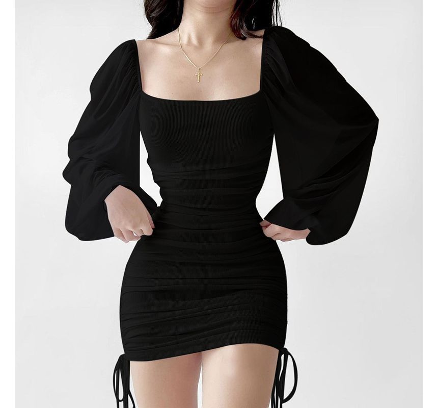 Plain Mini Puff-Sleeve Drawstring Square Dress Sheath Neck