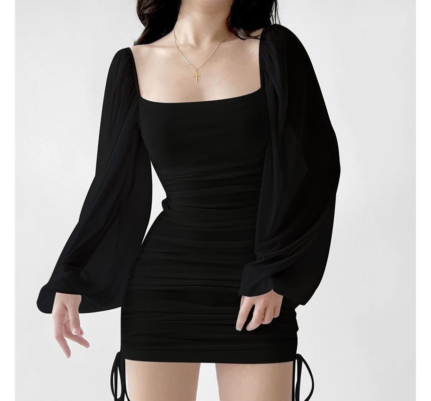 Plain Mini Puff-Sleeve Drawstring Square Dress Sheath Neck