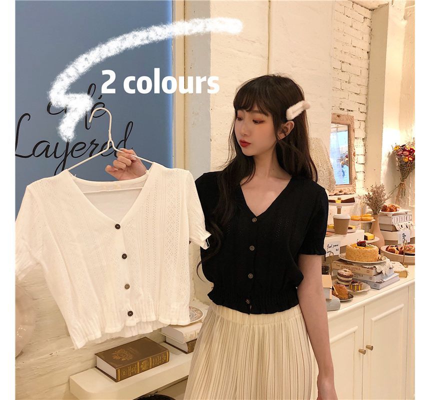 Perforated Knit Top Button-Up V-Neck Short-Sleeve