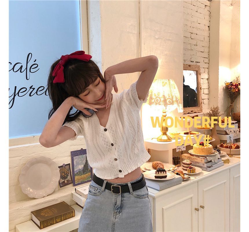 Perforated Knit Top Button-Up V-Neck Short-Sleeve