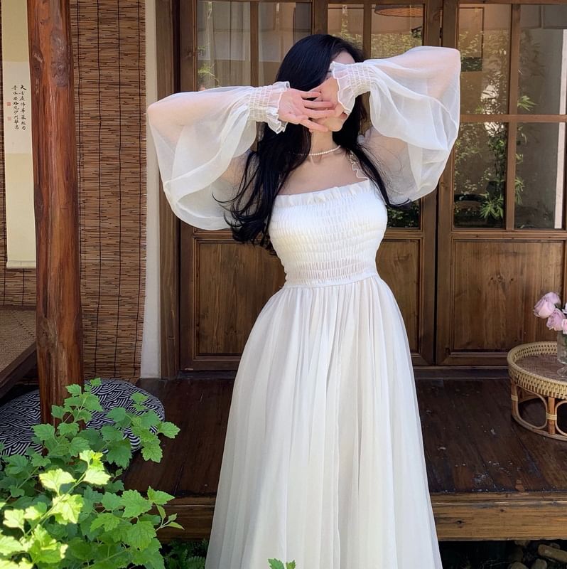 Long-Sleeve Off Shoulder Plain Frill Shirred Maxi A-Line Dress MK Kawaii Store Long-Sleeve Off Shoulder Plain Frill Shirred Maxi A-Line Dress MK Kawaii Store