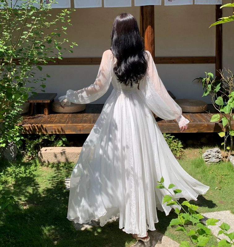 Long-Sleeve Off Shoulder Plain Frill Shirred Maxi A-Line Dress MK Kawaii Store Long-Sleeve Off Shoulder Plain Frill Shirred Maxi A-Line Dress MK Kawaii Store