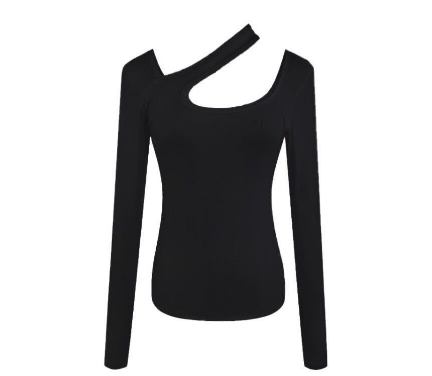Cutout Asymmetrical Neck Long-Sleeve Plain T-Shirt