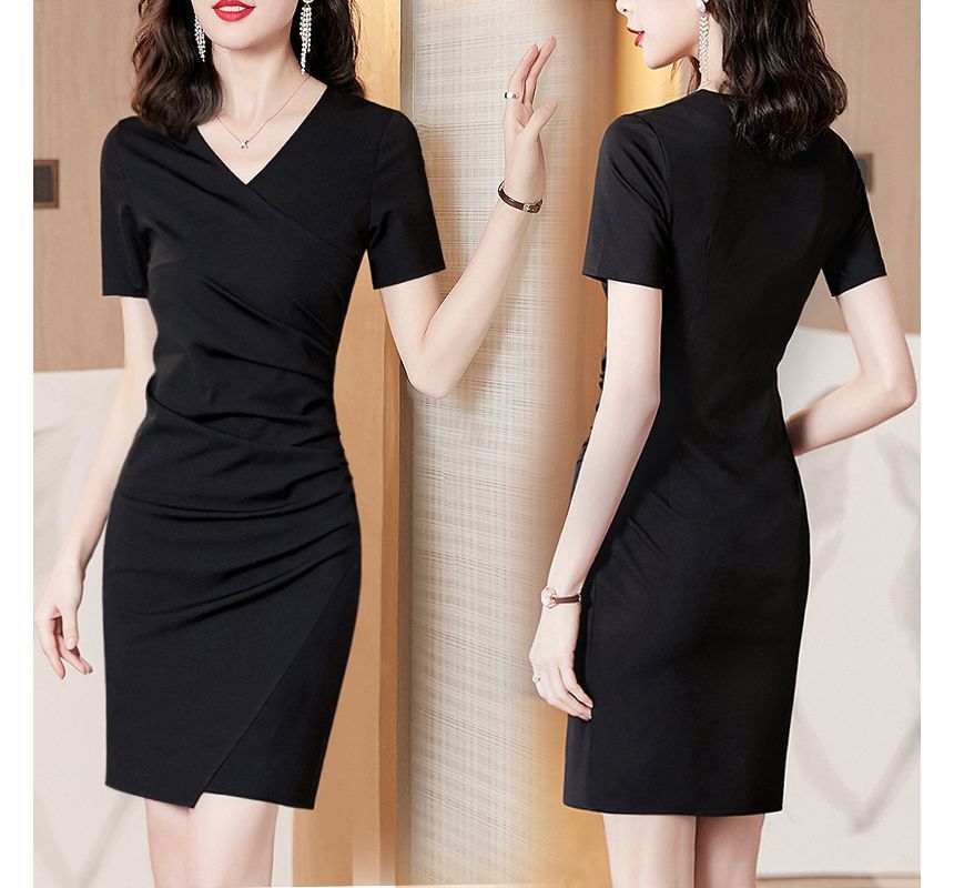 Mini Wrap Dress V-Neck Short-Sleeve Plain Bodycon