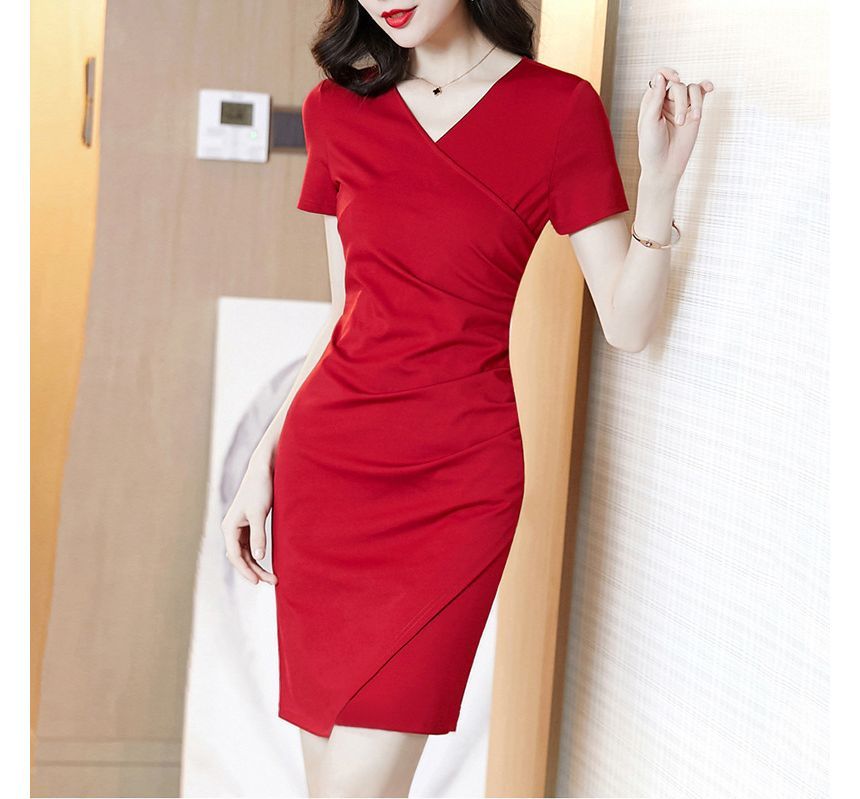 Mini Wrap Dress V-Neck Short-Sleeve Plain Bodycon