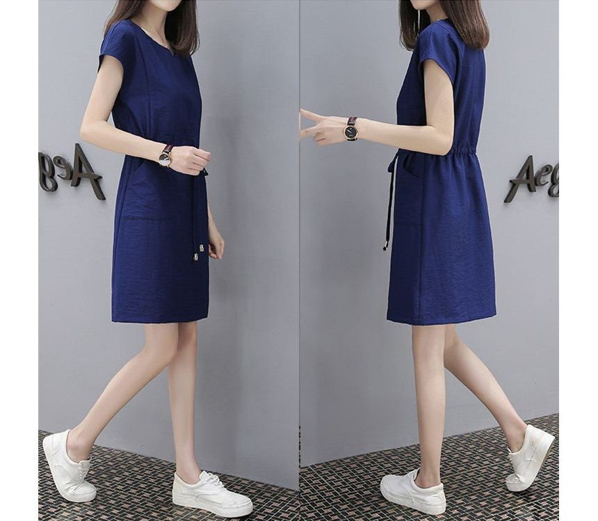 Mini Short-Sleeve V-Neck Drawstring-Waist Plain Dress A-Line