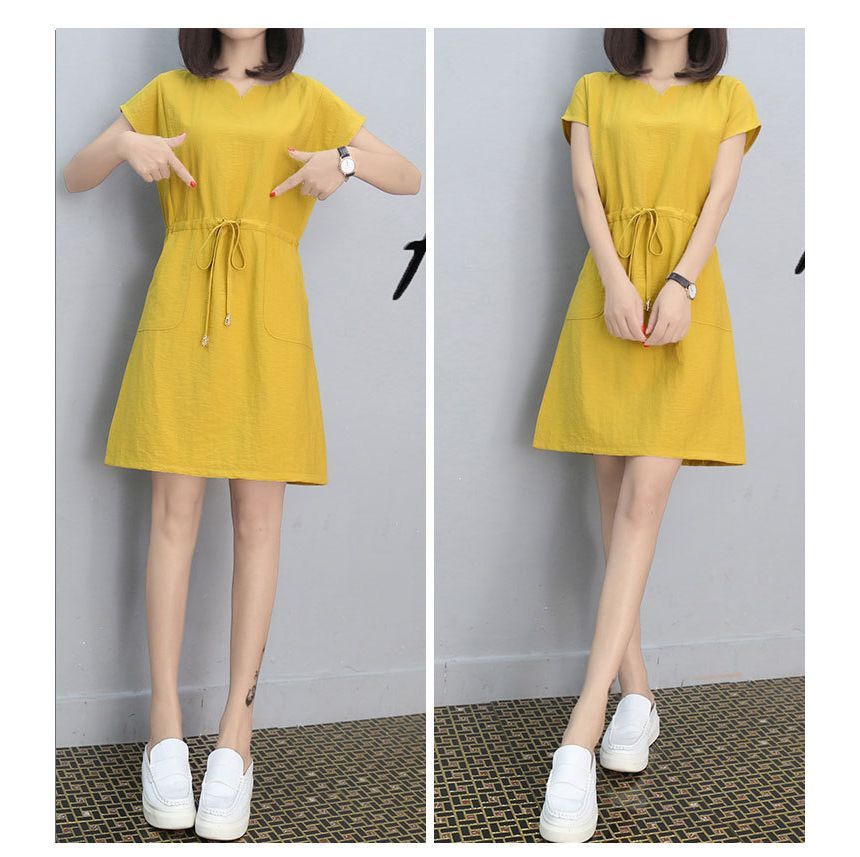 Mini Short-Sleeve V-Neck Drawstring-Waist Plain Dress A-Line