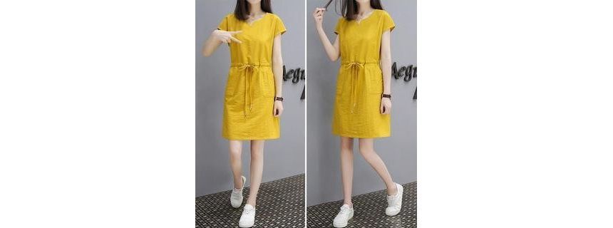 Mini Short-Sleeve V-Neck Drawstring-Waist Plain Dress A-Line