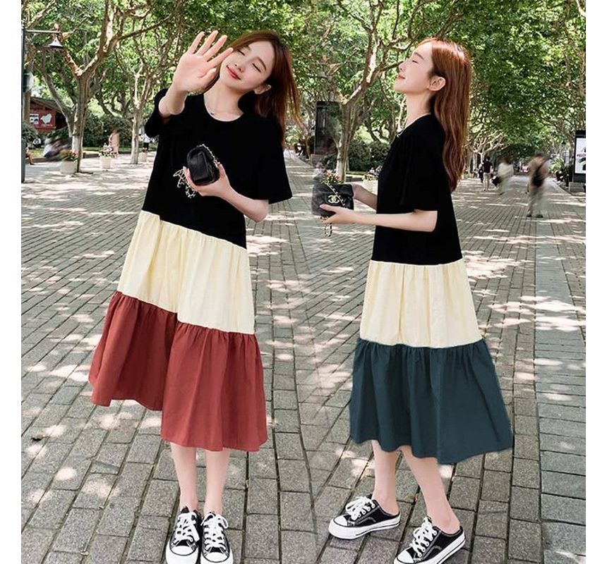 Crew A-Line Midi Short-Sleeve Dress Neck Color Block