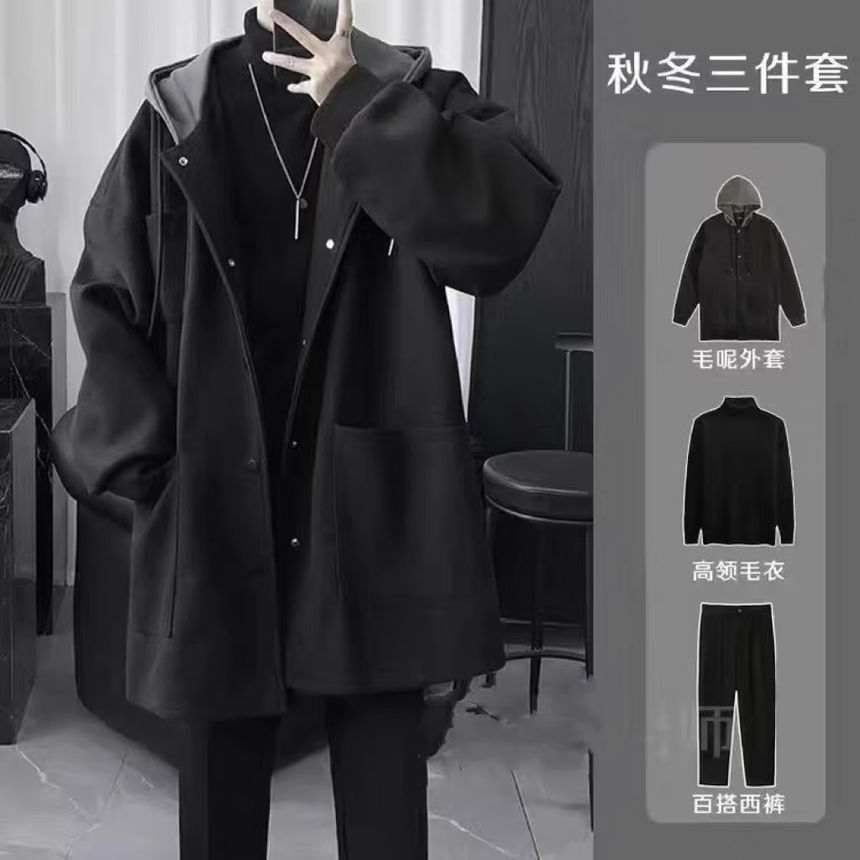 Inset Hood Snap Button Woolen Coat