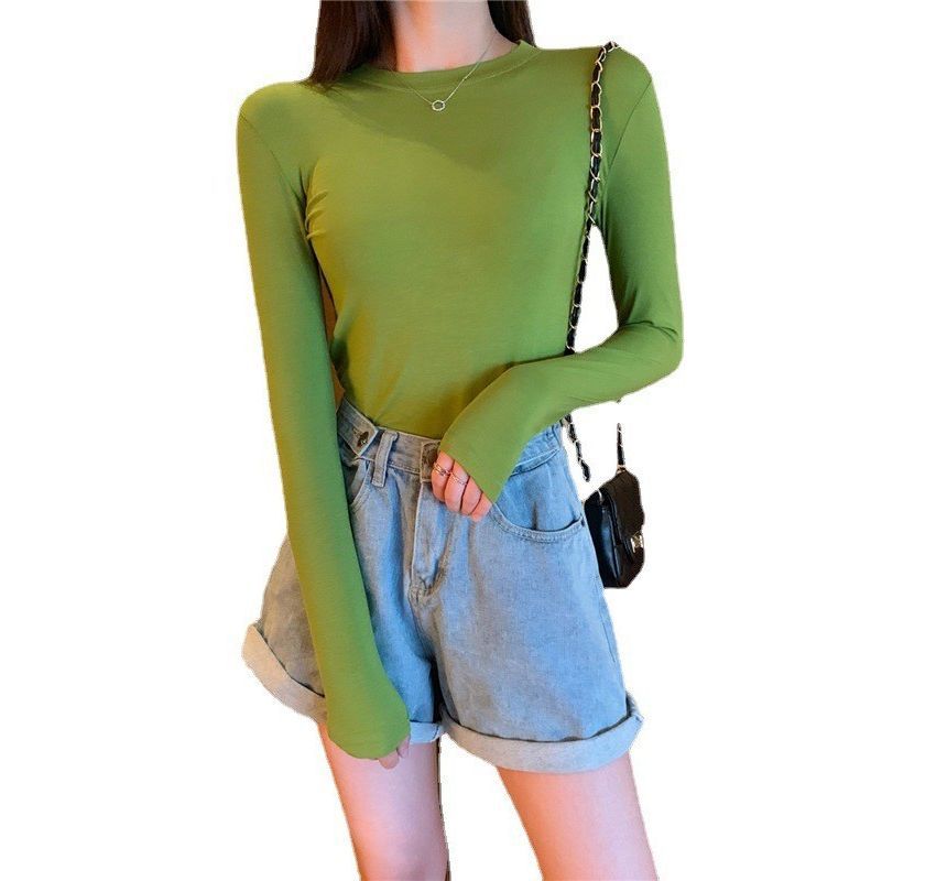 Plain Neck Tee Long-Sleeve Round