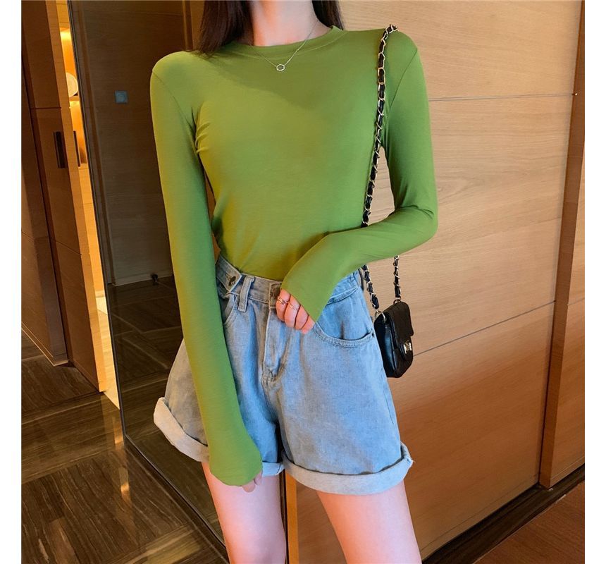 Plain Neck Tee Long-Sleeve Round