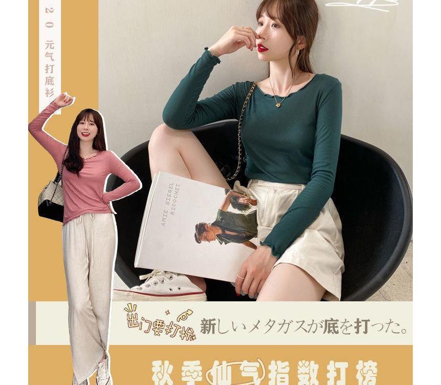 Neck Ribbed Tee Scoop Long-Sleeve Plain Lettuce Edge