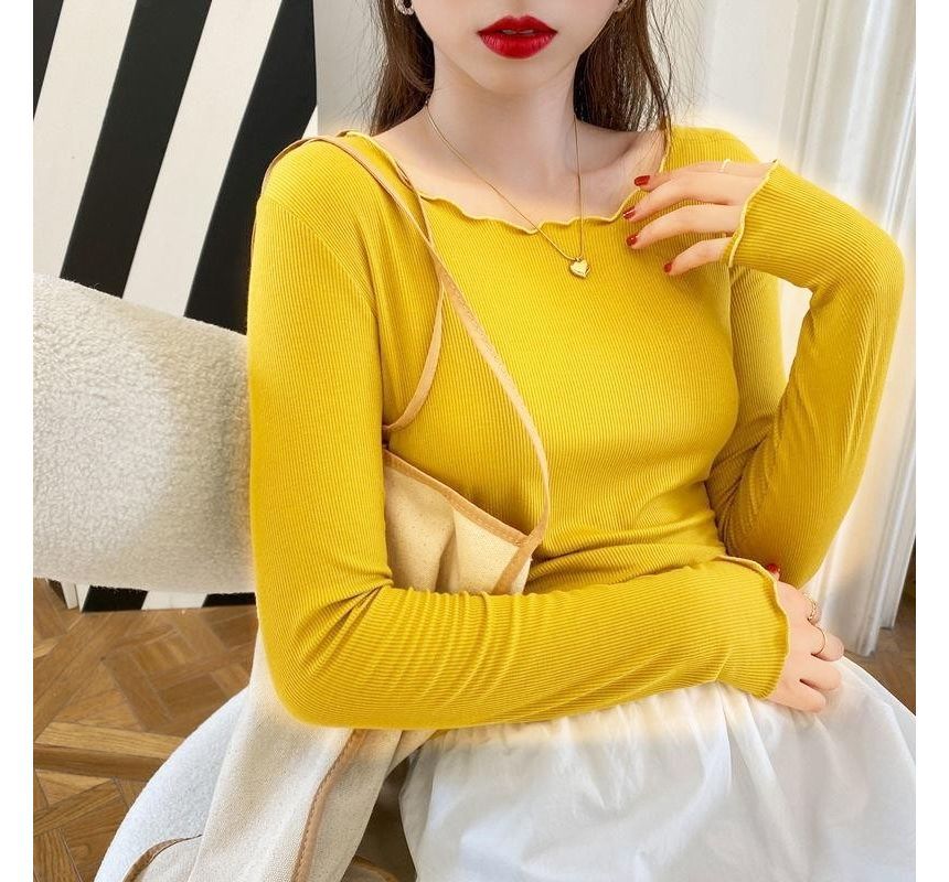 Neck Ribbed Tee Scoop Long-Sleeve Plain Lettuce Edge