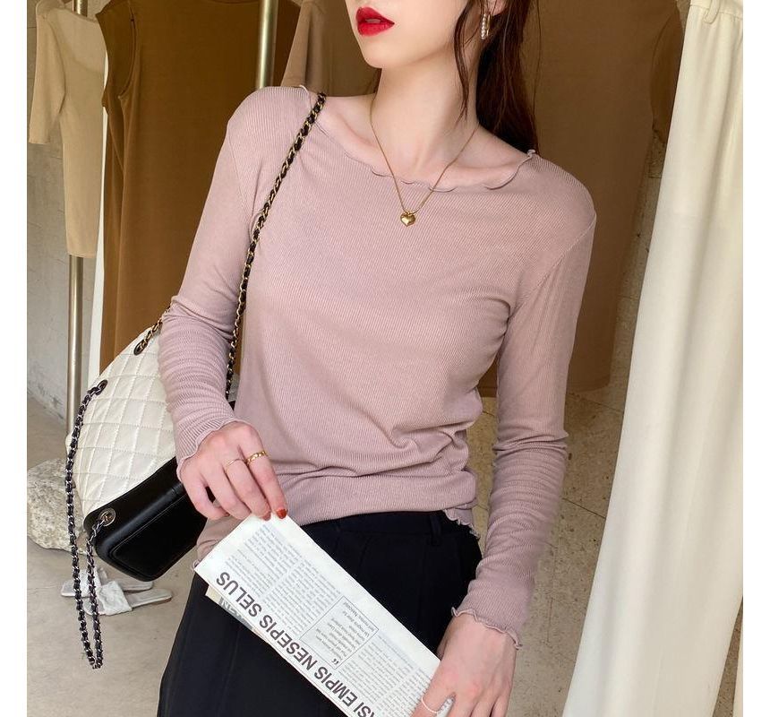 Neck Ribbed Tee Scoop Long-Sleeve Plain Lettuce Edge