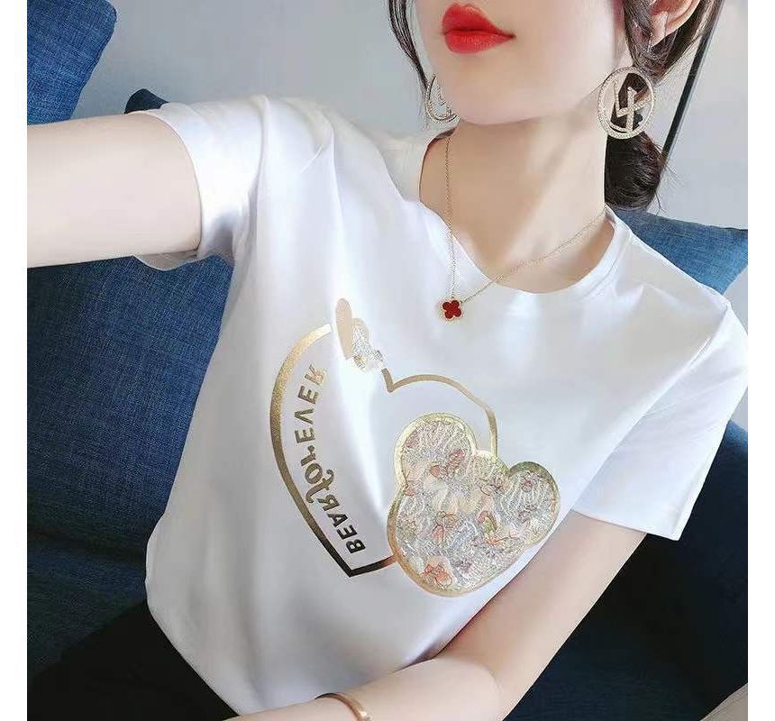 Tee Neck Print Bear Crew Short-Sleeve