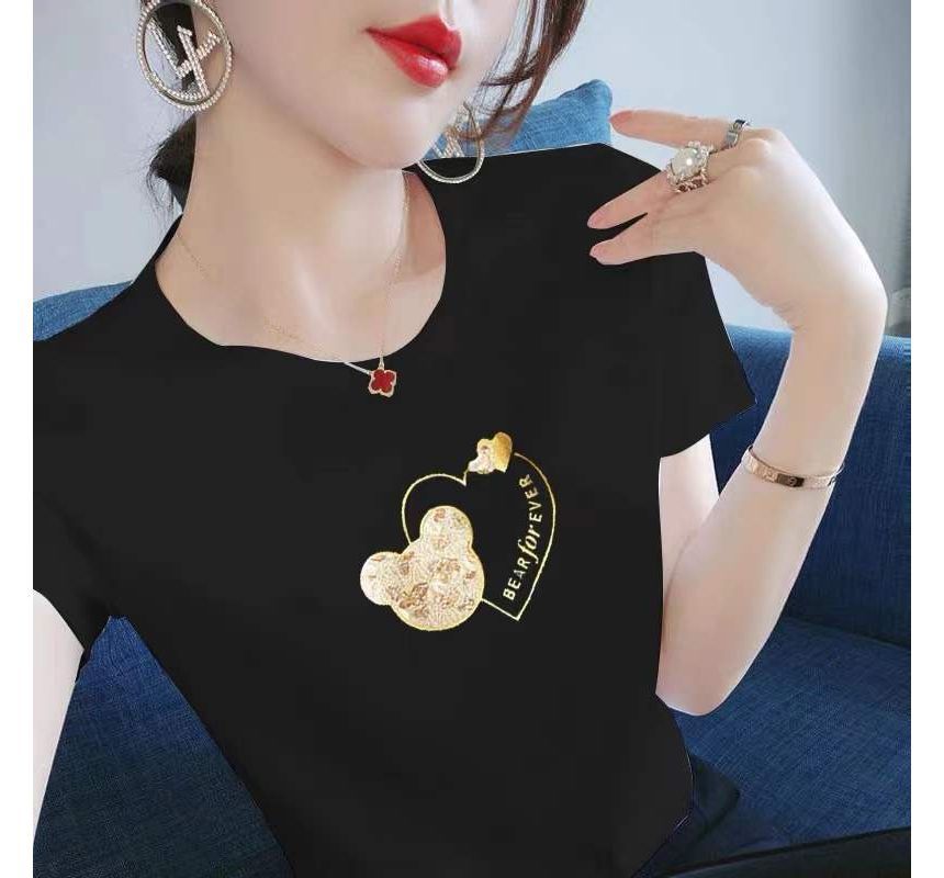 Tee Neck Print Bear Crew Short-Sleeve