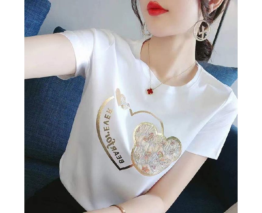 Tee Neck Print Bear Crew Short-Sleeve