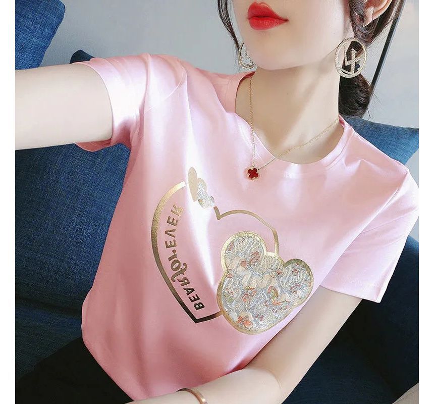 Tee Neck Print Bear Crew Short-Sleeve