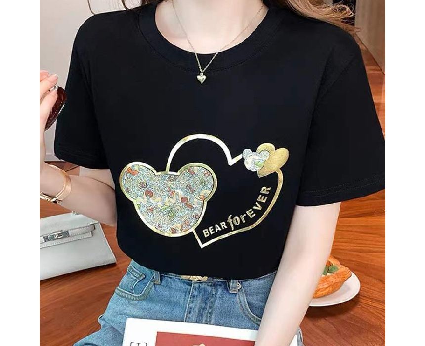 Tee Neck Print Bear Crew Short-Sleeve