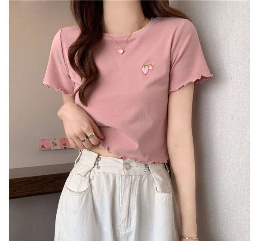 Neck Embroidered Crop T-Shirt Crew Short-Sleeve