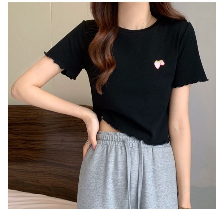 Neck Embroidered Crop T-Shirt Crew Short-Sleeve