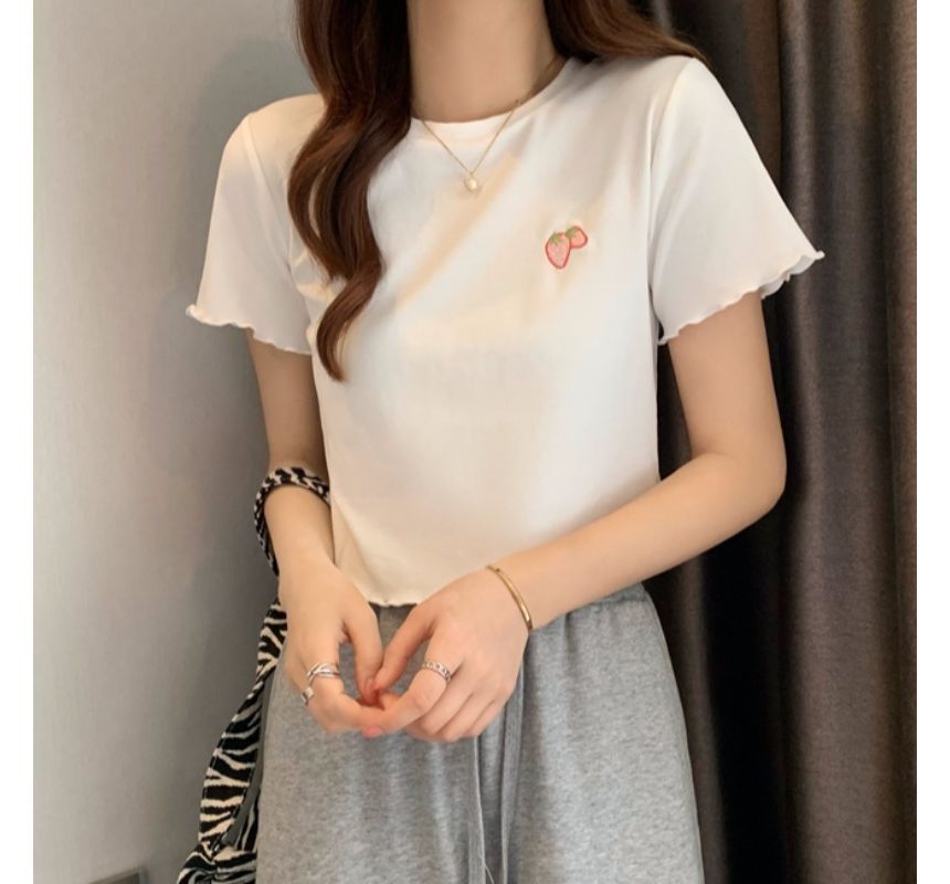 Neck Embroidered Crop T-Shirt Crew Short-Sleeve